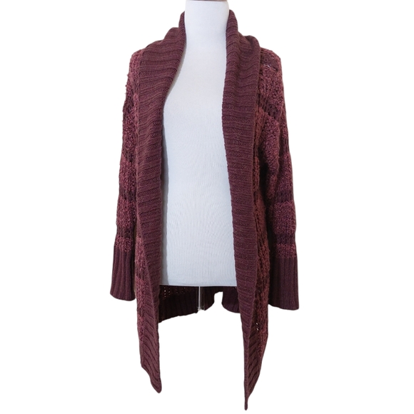 Susina Burgundy Striped Thick Knit Open Front Longline Cardigan Sweater Small - Picture 1 of 13